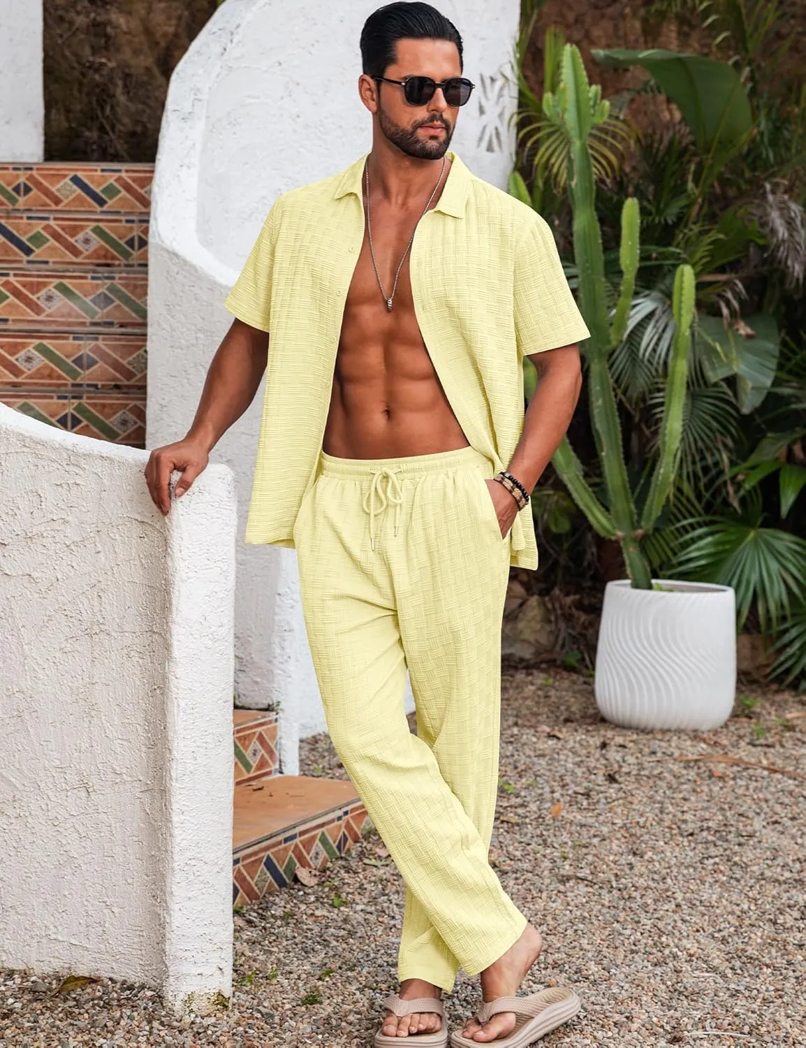LecGee Mens 2 Piece Outfits Textured Short Sleeve Button Down Shirts and Matching Loose Pants Beach Party Suits
