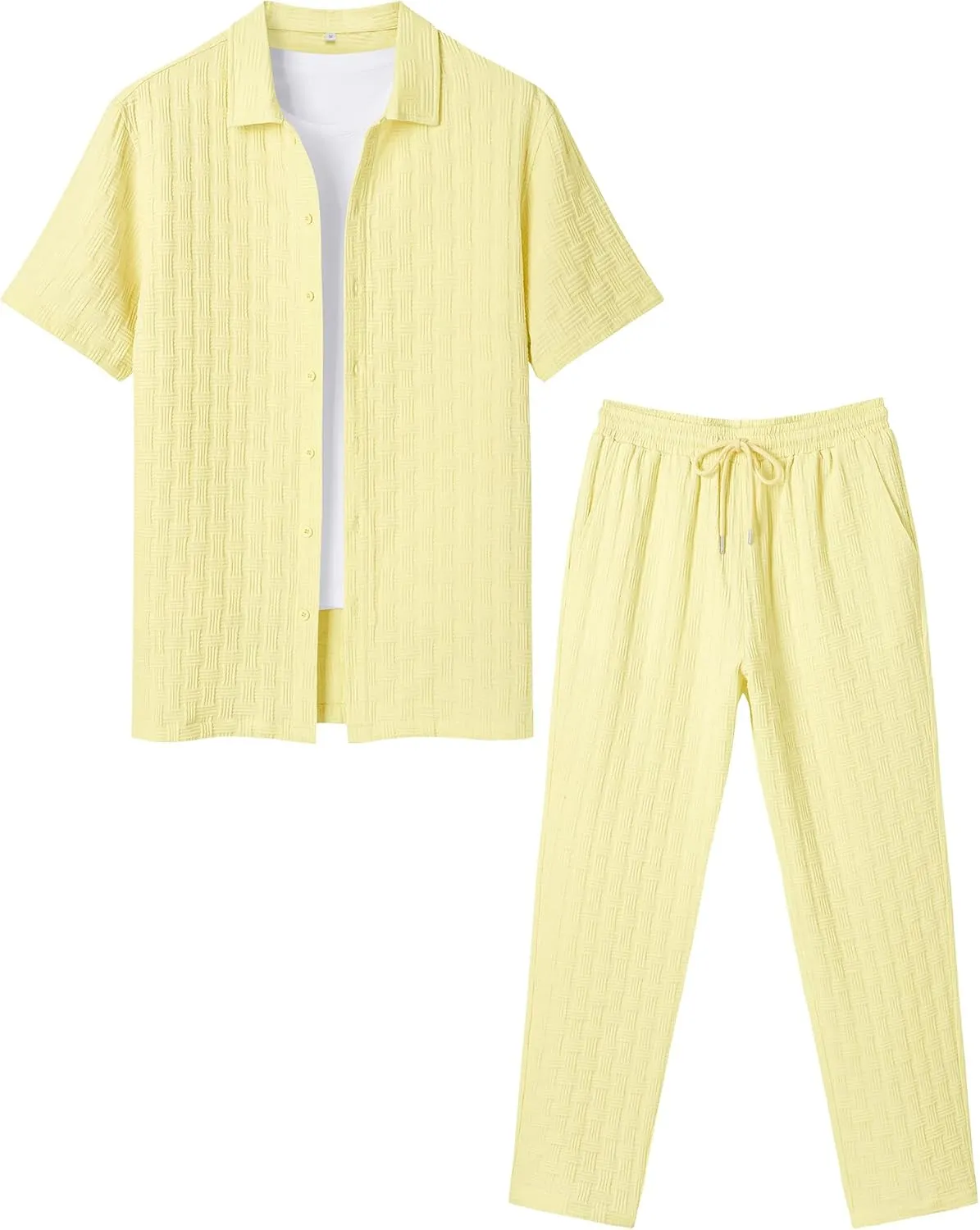 LecGee Mens 2 Piece Outfits Textured Short Sleeve Button Down Shirts and Matching Loose Pants Beach Party Suits