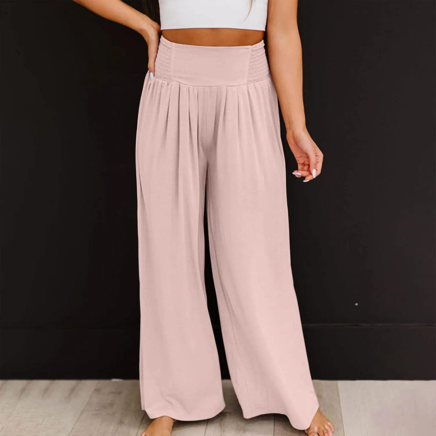 Linen Cargo Pants Women Summer High Waist Elastic Wide Leg Trousers Casual Comfy Beach Palazzo with Big Pockets