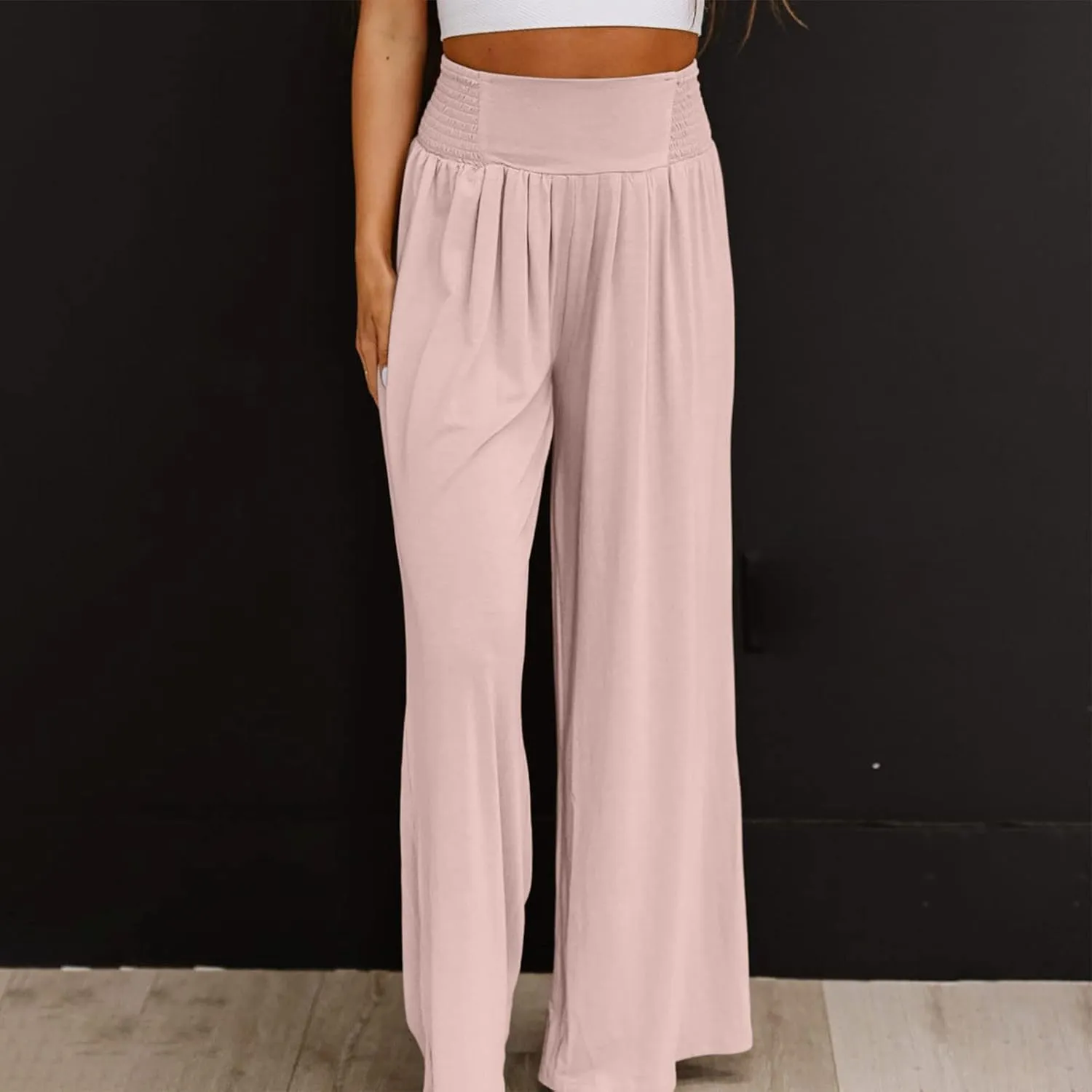 Linen Cargo Pants Women Summer High Waist Elastic Wide Leg Trousers Casual Comfy Beach Palazzo with Big Pockets