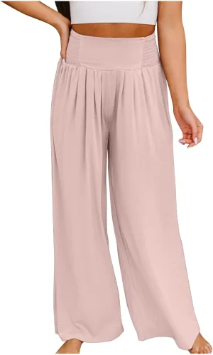 Linen Cargo Pants Women Summer High Waist Elastic Wide Leg Trousers Casual Comfy Beach Palazzo with Big Pockets