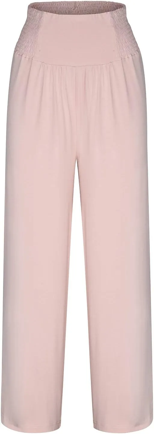 Linen Cargo Pants Women Summer High Waist Elastic Wide Leg Trousers Casual Comfy Beach Palazzo with Big Pockets
