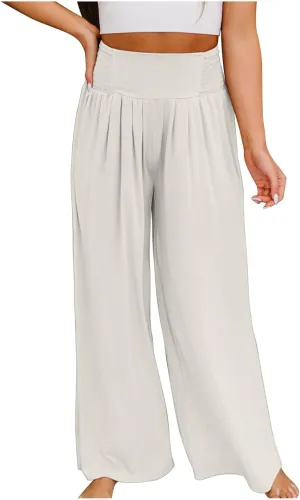 Linen Cargo Pants Women Summer High Waist Elastic Wide Leg Trousers Casual Comfy Beach Palazzo with Big Pockets