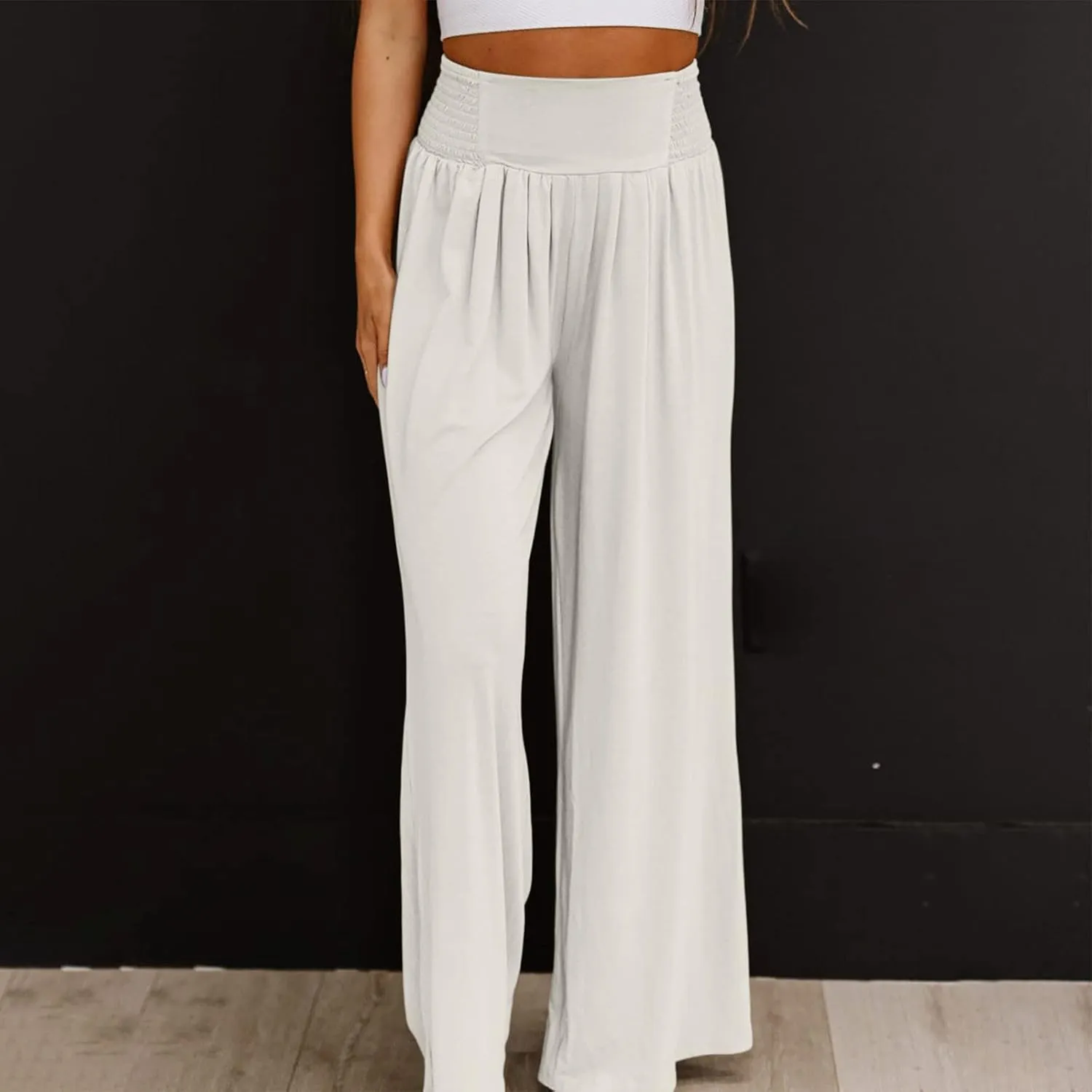 Linen Cargo Pants Women Summer High Waist Elastic Wide Leg Trousers Casual Comfy Beach Palazzo with Big Pockets