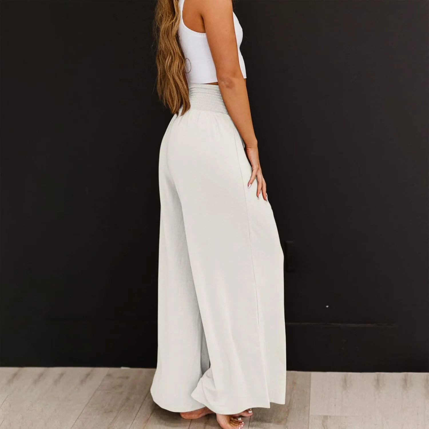 Linen Cargo Pants Women Summer High Waist Elastic Wide Leg Trousers Casual Comfy Beach Palazzo with Big Pockets