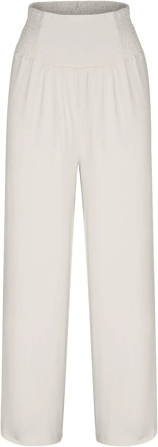 Linen Cargo Pants Women Summer High Waist Elastic Wide Leg Trousers Casual Comfy Beach Palazzo with Big Pockets