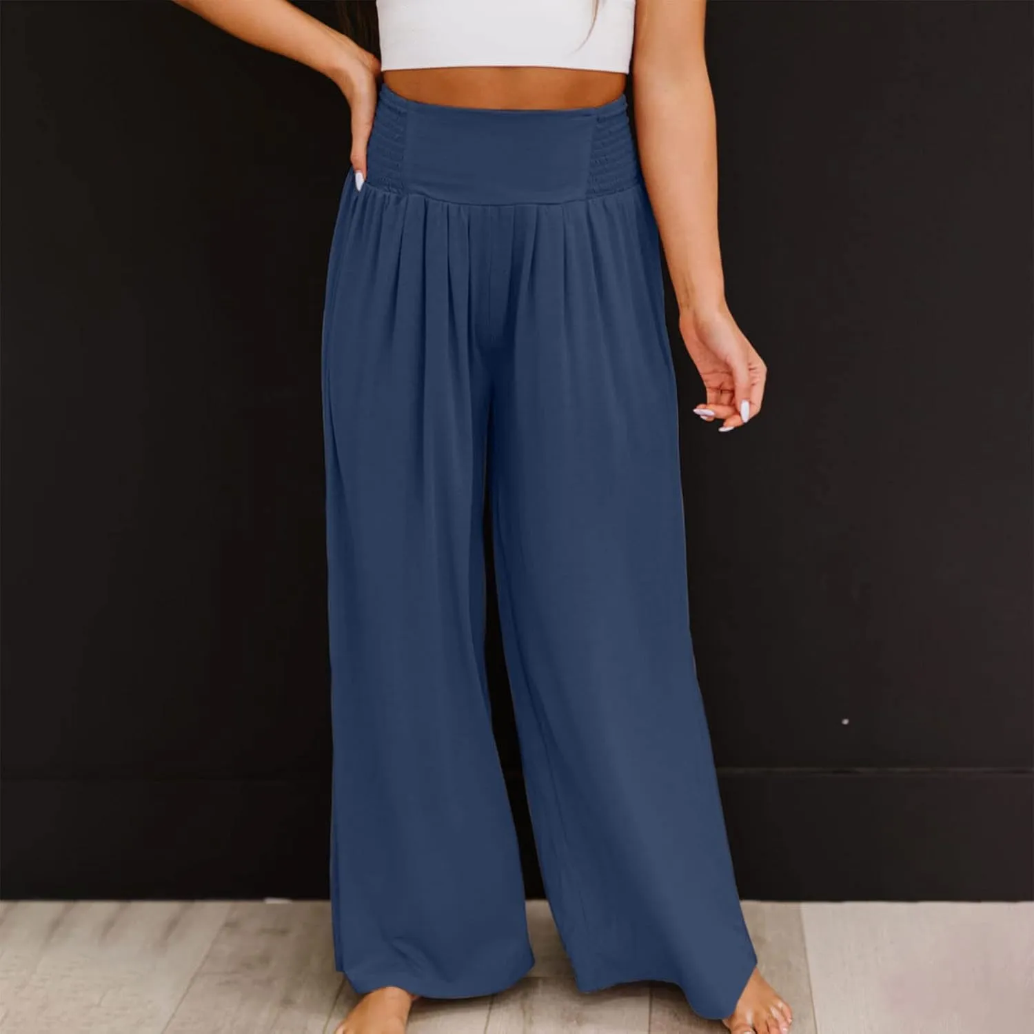 Linen Cargo Pants Women Summer High Waist Elastic Wide Leg Trousers Casual Comfy Beach Palazzo with Big Pockets