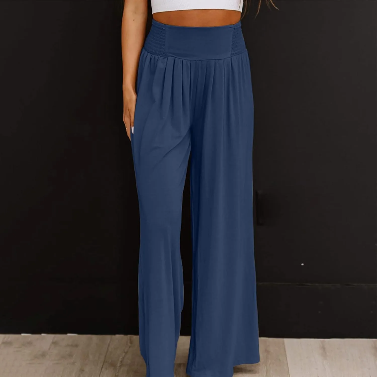 Linen Cargo Pants Women Summer High Waist Elastic Wide Leg Trousers Casual Comfy Beach Palazzo with Big Pockets