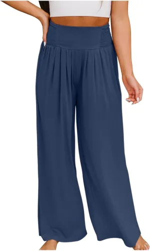 Linen Cargo Pants Women Summer High Waist Elastic Wide Leg Trousers Casual Comfy Beach Palazzo with Big Pockets
