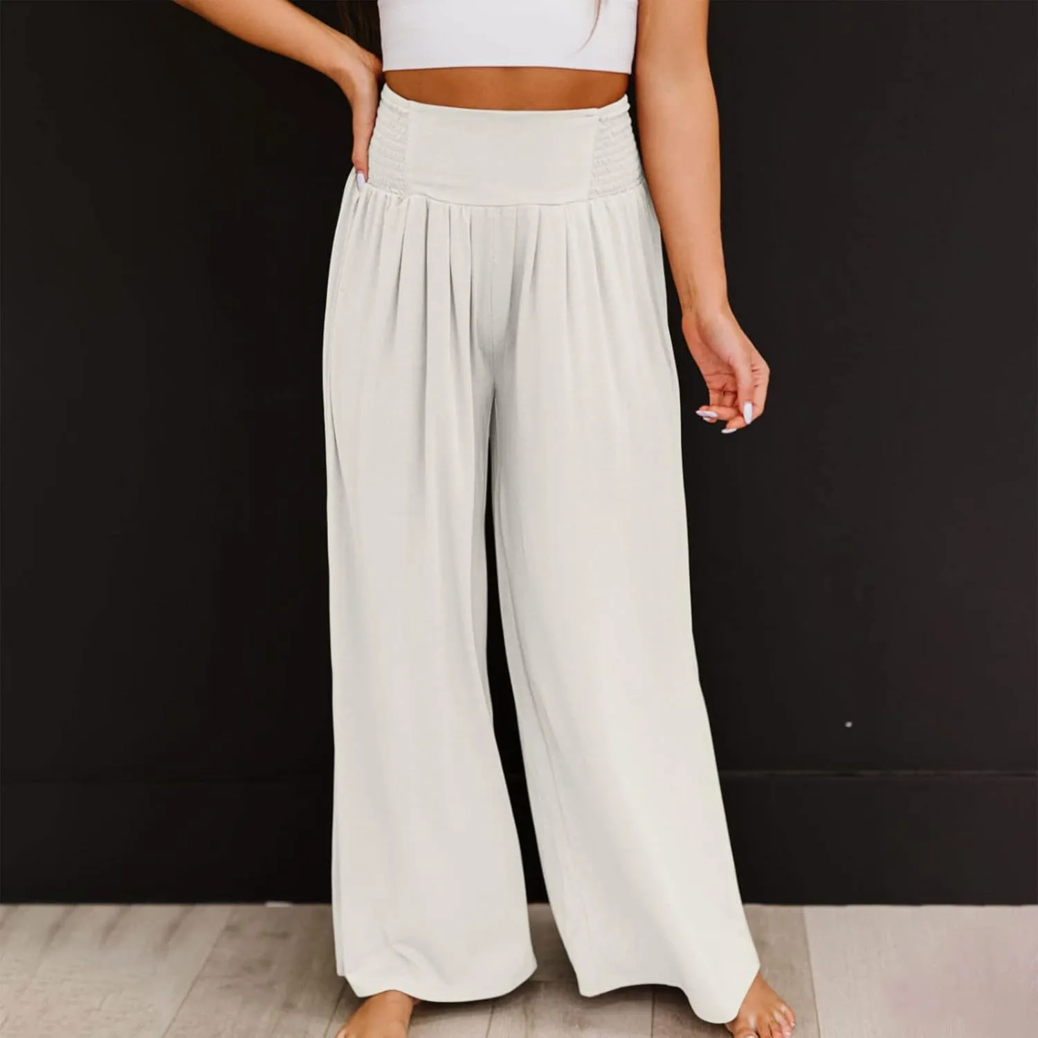 Linen Cargo Pants Women Summer High Waist Elastic Wide Leg Trousers Casual Comfy Beach Palazzo with Big Pockets