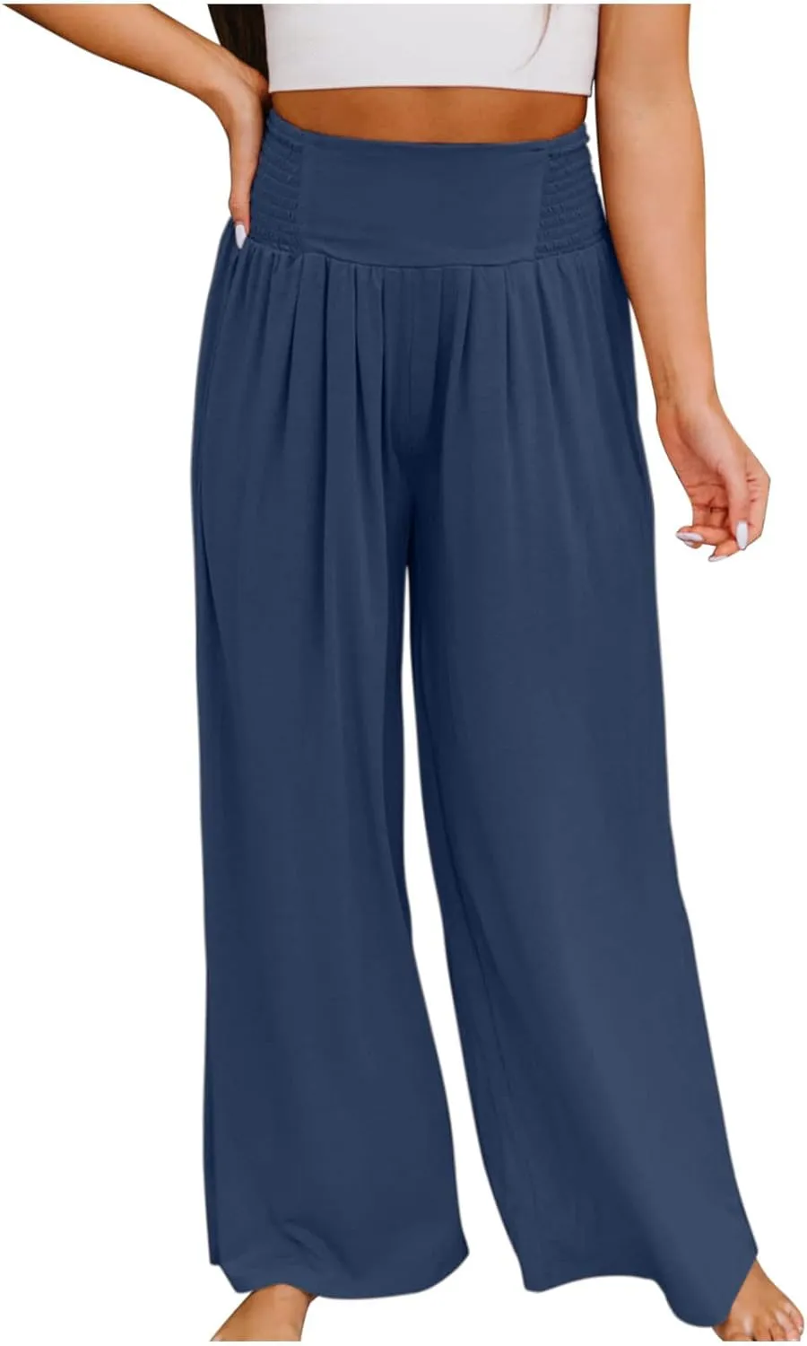 Linen Cargo Pants Women Summer High Waist Elastic Wide Leg Trousers Casual Comfy Beach Palazzo with Big Pockets