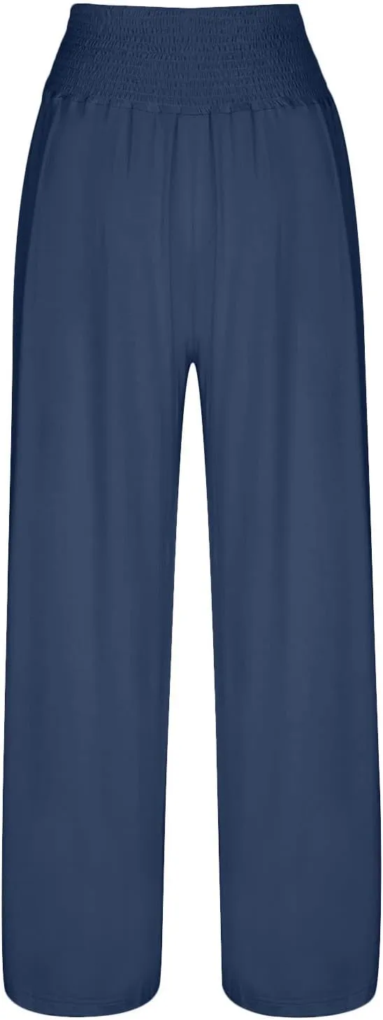 Linen Cargo Pants Women Summer High Waist Elastic Wide Leg Trousers Casual Comfy Beach Palazzo with Big Pockets