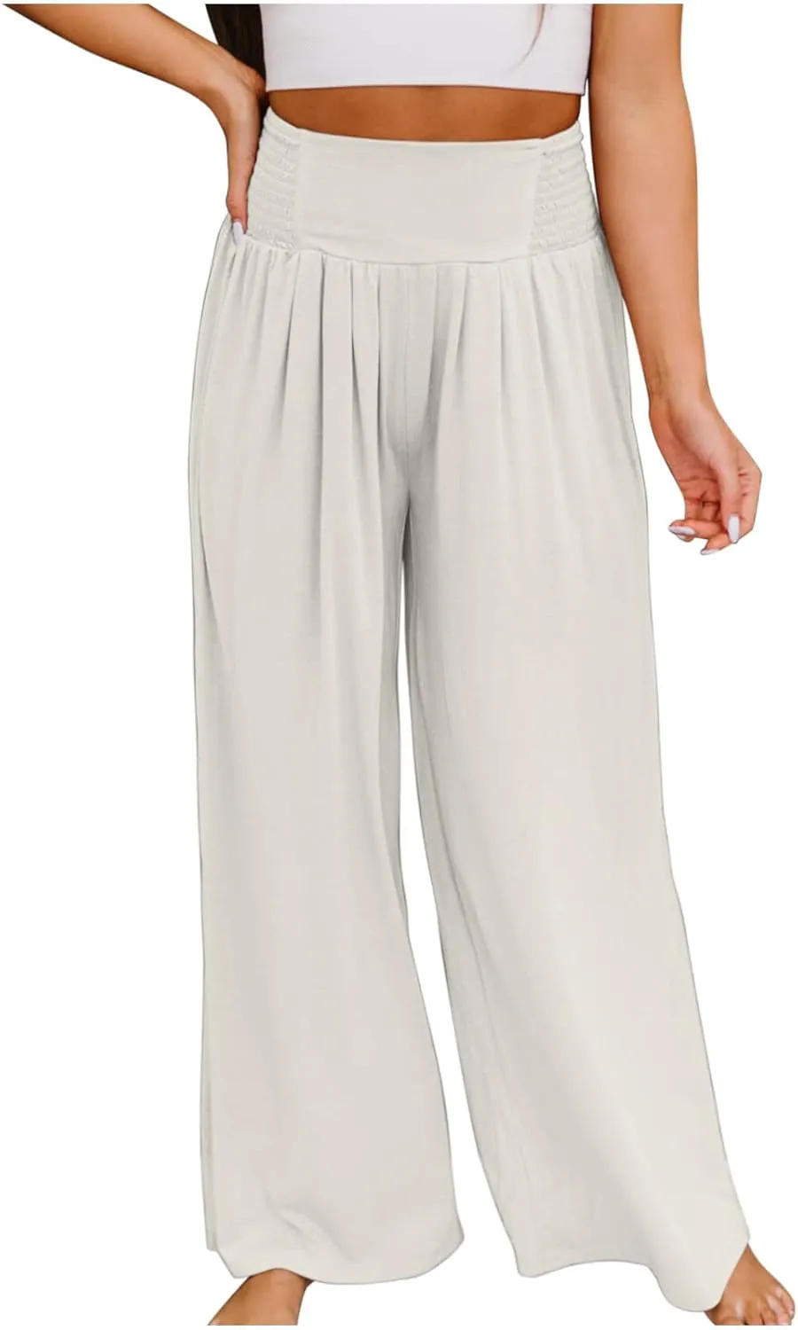 Linen Cargo Pants Women Summer High Waist Elastic Wide Leg Trousers Casual Comfy Beach Palazzo with Big Pockets