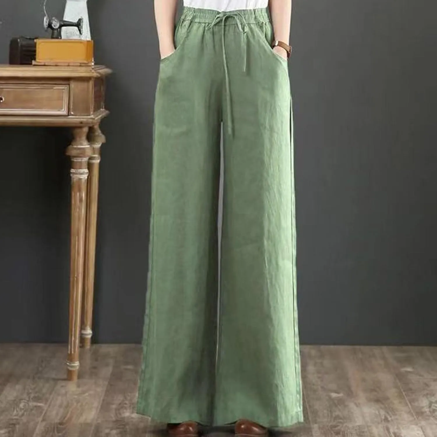 Linen Pants Women Casual Loose Fit Beach Wide Leg Trousers Summer Drawstring Flowy Lounge Palazzo with Pockets