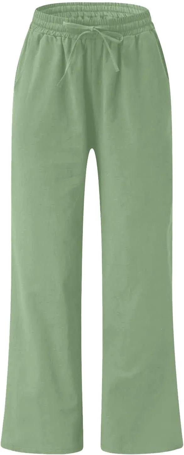 Linen Pants Women Casual Loose Fit Beach Wide Leg Trousers Summer Drawstring Flowy Lounge Palazzo with Pockets