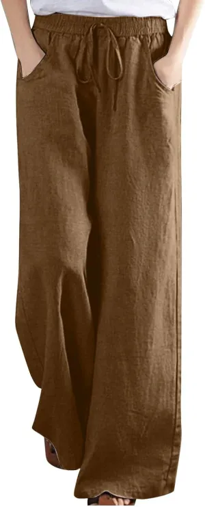 Linen Pants Women Casual Loose Fit Beach Wide Leg Trousers Summer Drawstring Flowy Lounge Palazzo with Pockets