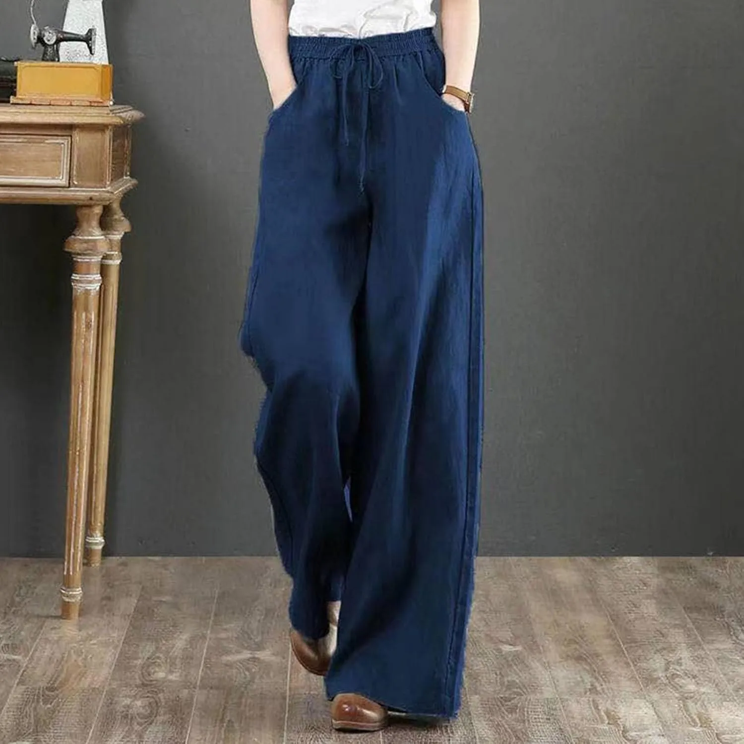 Linen Pants Women Casual Loose Fit Beach Wide Leg Trousers Summer Drawstring Flowy Lounge Palazzo with Pockets