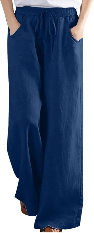 Linen Pants Women Casual Loose Fit Beach Wide Leg Trousers Summer Drawstring Flowy Lounge Palazzo with Pockets