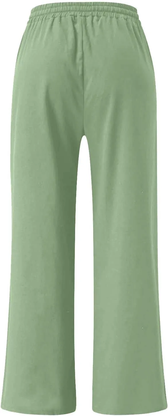 Linen Pants Women Casual Loose Fit Beach Wide Leg Trousers Summer Drawstring Flowy Lounge Palazzo with Pockets