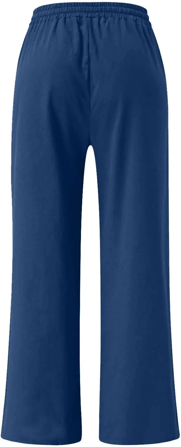 Linen Pants Women Casual Loose Fit Beach Wide Leg Trousers Summer Drawstring Flowy Lounge Palazzo with Pockets