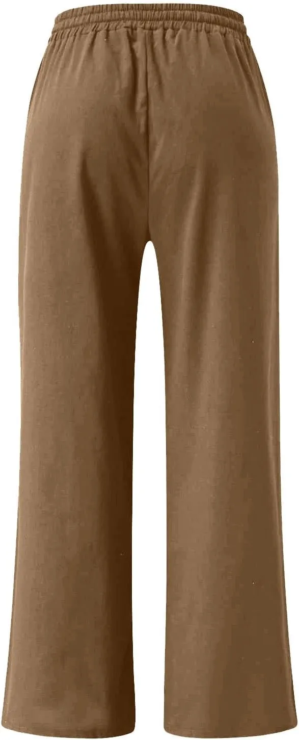 Linen Pants Women Casual Loose Fit Beach Wide Leg Trousers Summer Drawstring Flowy Lounge Palazzo with Pockets