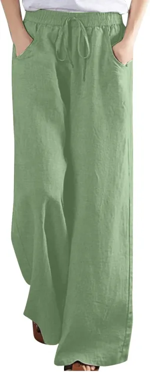 Linen Pants Women Casual Loose Fit Beach Wide Leg Trousers Summer Drawstring Flowy Lounge Palazzo with Pockets