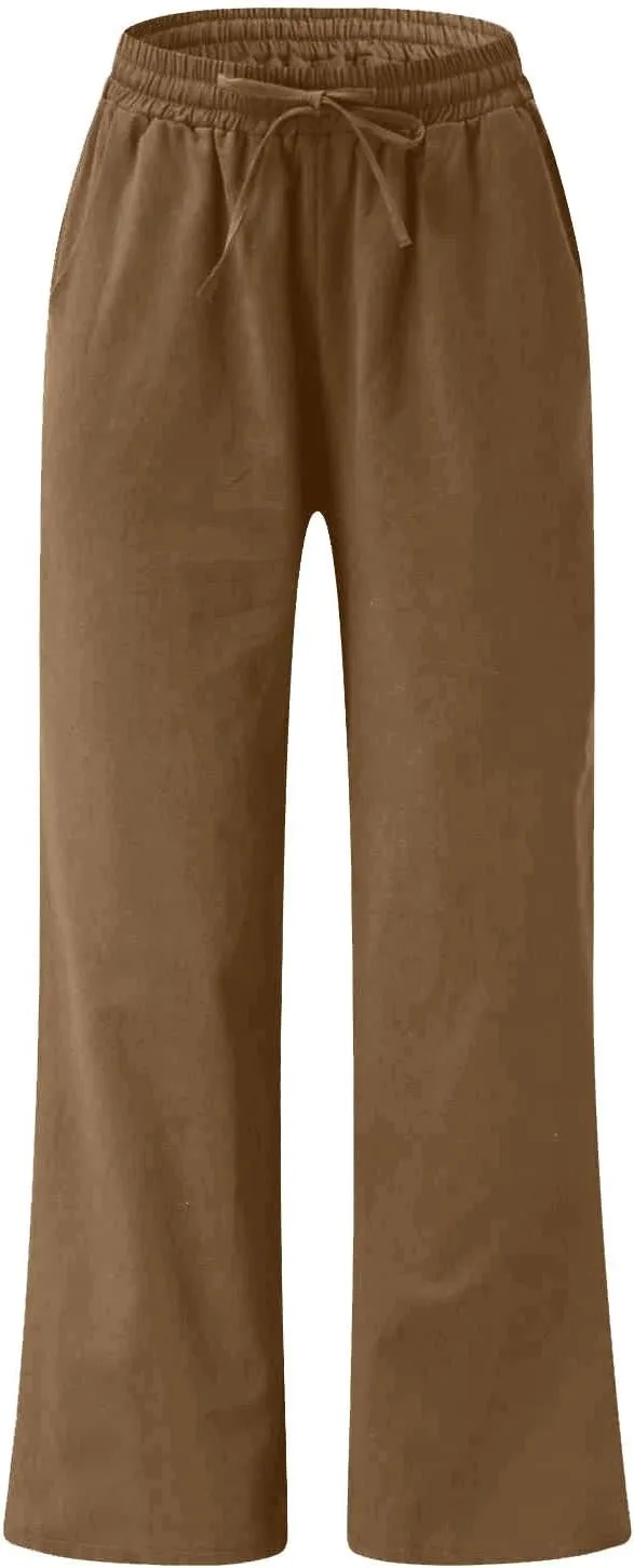 Linen Pants Women Casual Loose Fit Beach Wide Leg Trousers Summer Drawstring Flowy Lounge Palazzo with Pockets