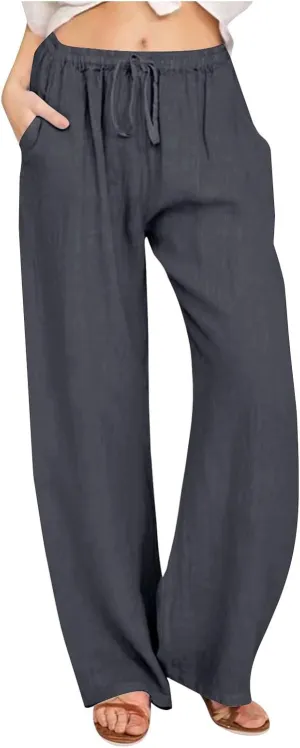 Linen Pants Women Lightweight Lounge Beach Trousers Summer Casual Elastic Drawstring Waist Palazzo with Pockets