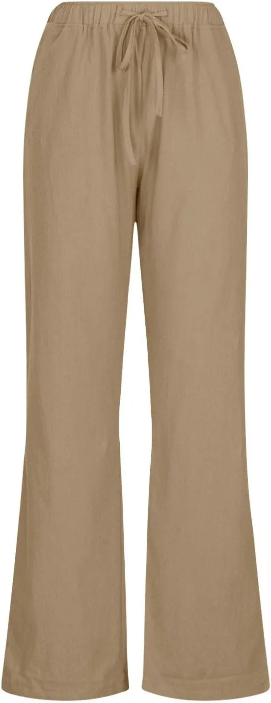 Linen Pants Women Lightweight Lounge Beach Trousers Summer Casual Elastic Drawstring Waist Palazzo with Pockets