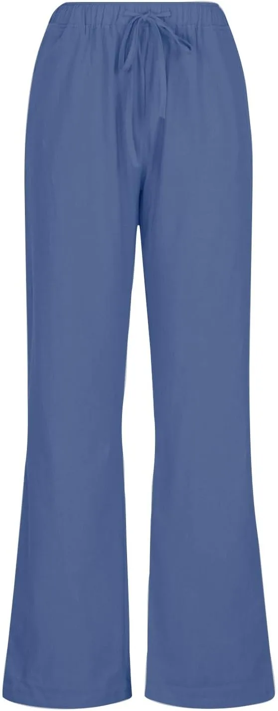 Linen Pants Women Lightweight Lounge Beach Trousers Summer Casual Elastic Drawstring Waist Palazzo with Pockets