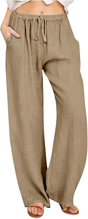 Linen Pants Women Lightweight Lounge Beach Trousers Summer Casual Elastic Drawstring Waist Palazzo with Pockets