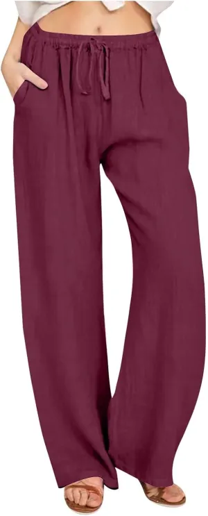 Linen Pants Women Lightweight Lounge Beach Trousers Summer Casual Elastic Drawstring Waist Palazzo with Pockets