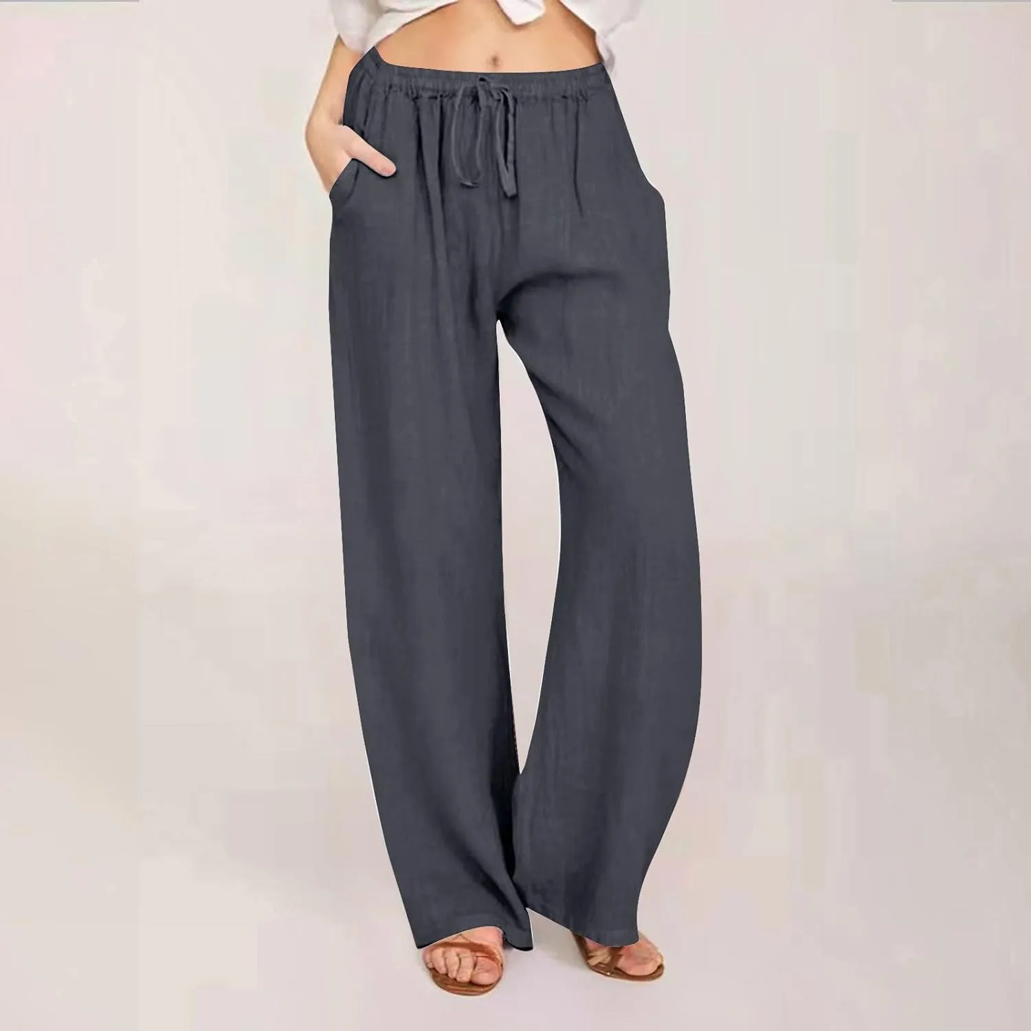 Linen Pants Women Lightweight Lounge Beach Trousers Summer Casual Elastic Drawstring Waist Palazzo with Pockets