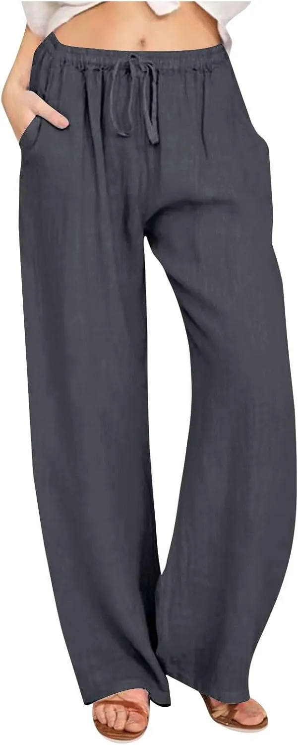 Linen Pants Women Lightweight Lounge Beach Trousers Summer Casual Elastic Drawstring Waist Palazzo with Pockets