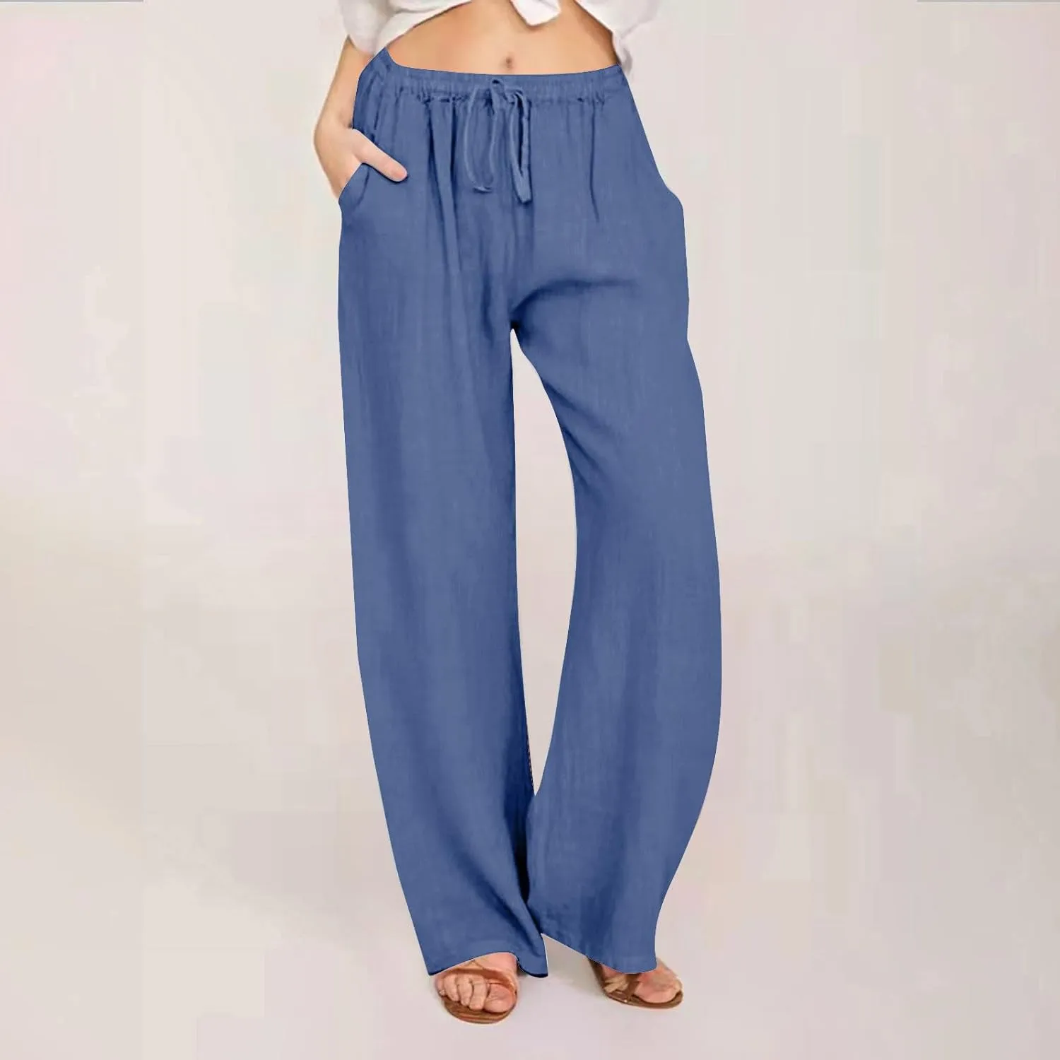 Linen Pants Women Lightweight Lounge Beach Trousers Summer Casual Elastic Drawstring Waist Palazzo with Pockets