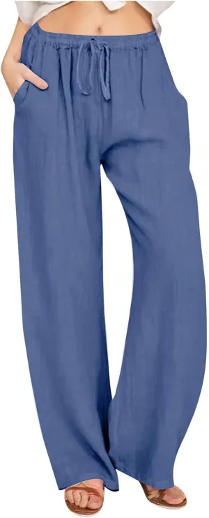 Linen Pants Women Lightweight Lounge Beach Trousers Summer Casual Elastic Drawstring Waist Palazzo with Pockets