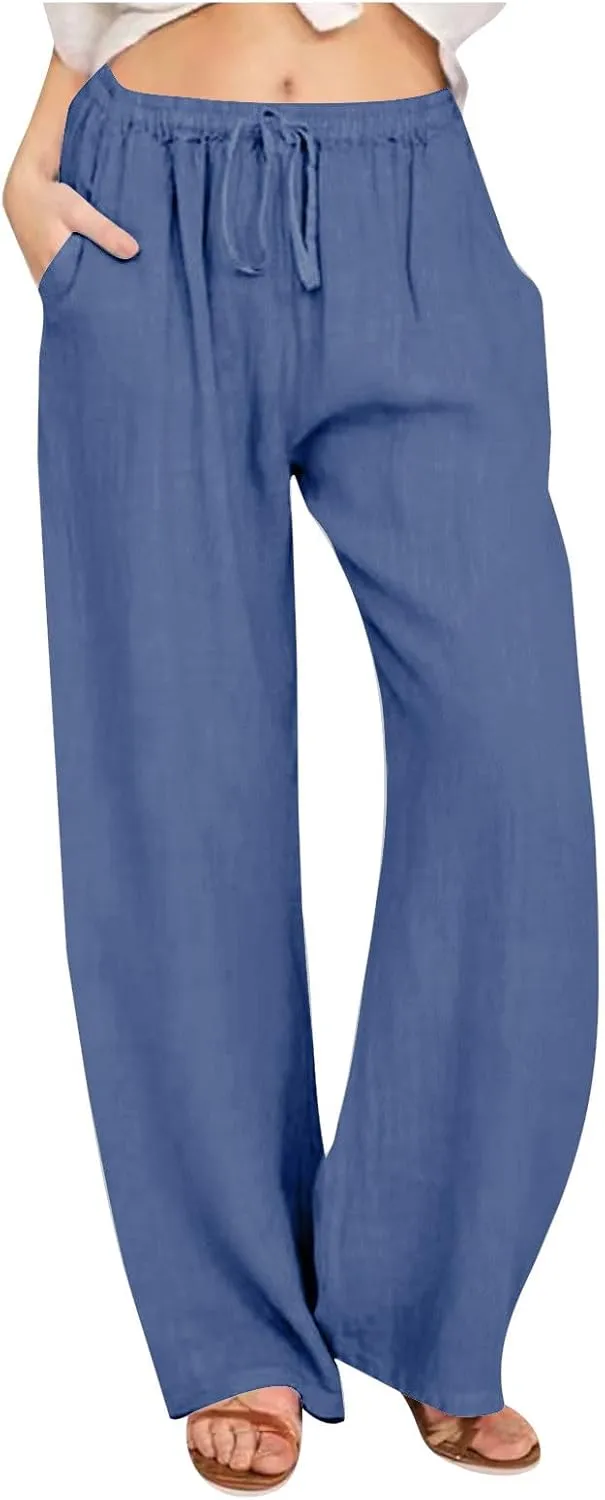 Linen Pants Women Lightweight Lounge Beach Trousers Summer Casual Elastic Drawstring Waist Palazzo with Pockets