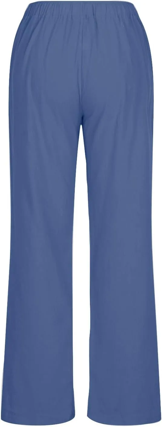 Linen Pants Women Lightweight Lounge Beach Trousers Summer Casual Elastic Drawstring Waist Palazzo with Pockets