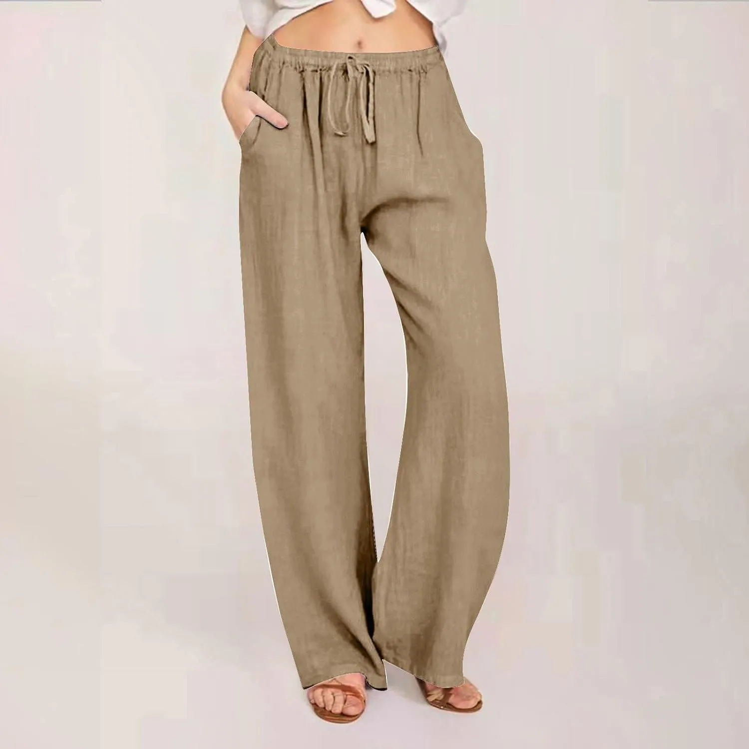 Linen Pants Women Lightweight Lounge Beach Trousers Summer Casual Elastic Drawstring Waist Palazzo with Pockets