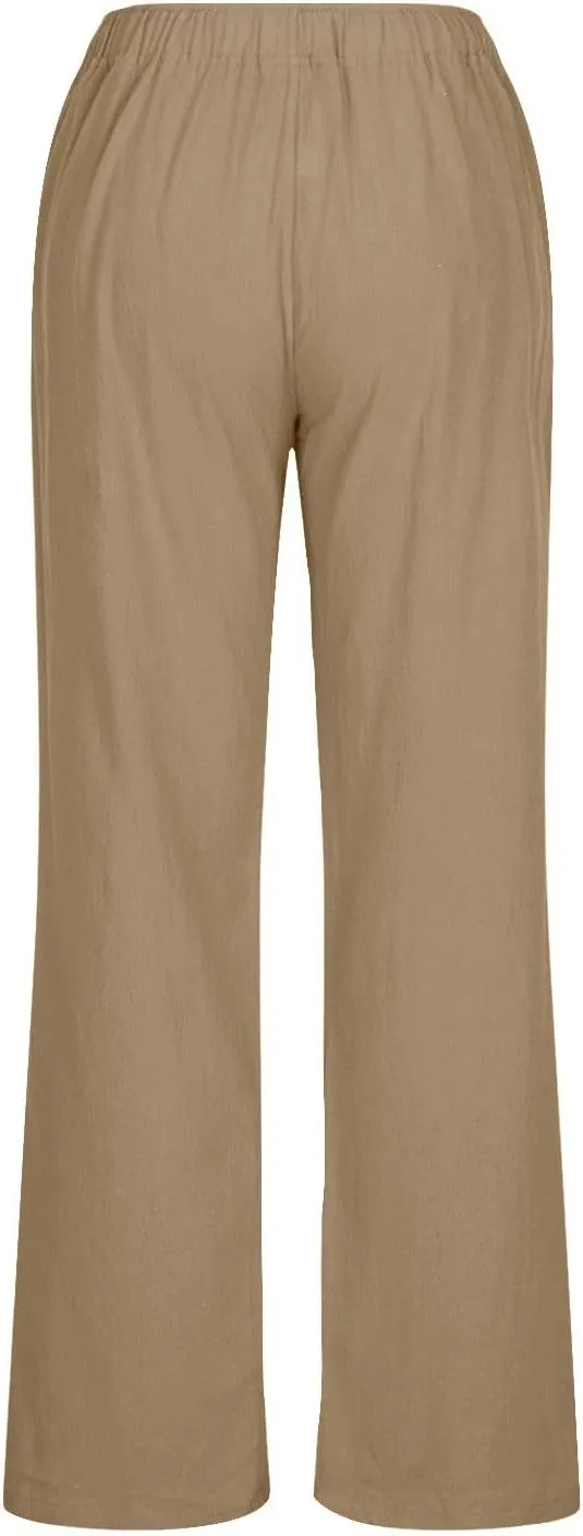 Linen Pants Women Lightweight Lounge Beach Trousers Summer Casual Elastic Drawstring Waist Palazzo with Pockets
