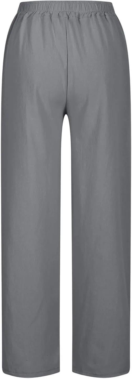 Linen Pants Women Summer High Waist Wide Leg Side Slit Trousers Casual Loose Fit Drawstring Waist Beach Palazzo