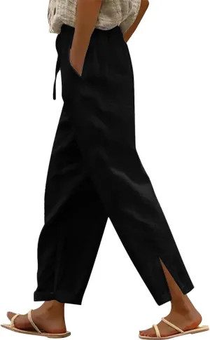 Linen Pants Women Summer High Waist Wide Leg Side Slit Trousers Casual Loose Fit Drawstring Waist Beach Palazzo