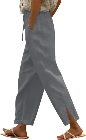 Linen Pants Women Summer High Waist Wide Leg Side Slit Trousers Casual Loose Fit Drawstring Waist Beach Palazzo