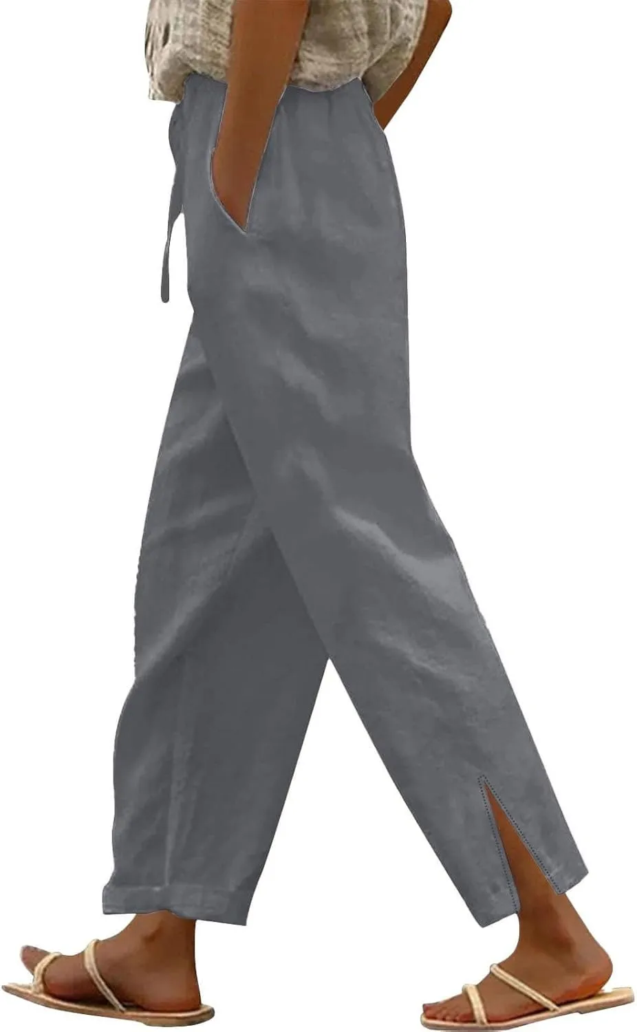 Linen Pants Women Summer High Waist Wide Leg Side Slit Trousers Casual Loose Fit Drawstring Waist Beach Palazzo