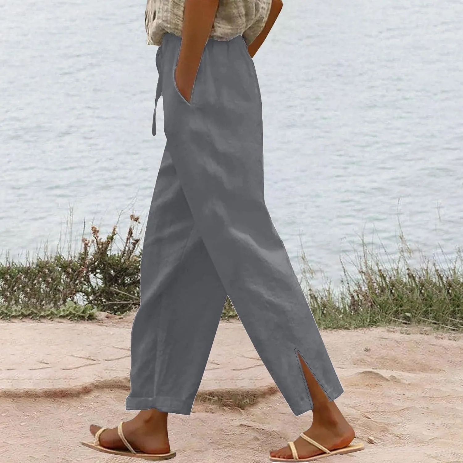 Linen Pants Women Summer High Waist Wide Leg Side Slit Trousers Casual Loose Fit Drawstring Waist Beach Palazzo