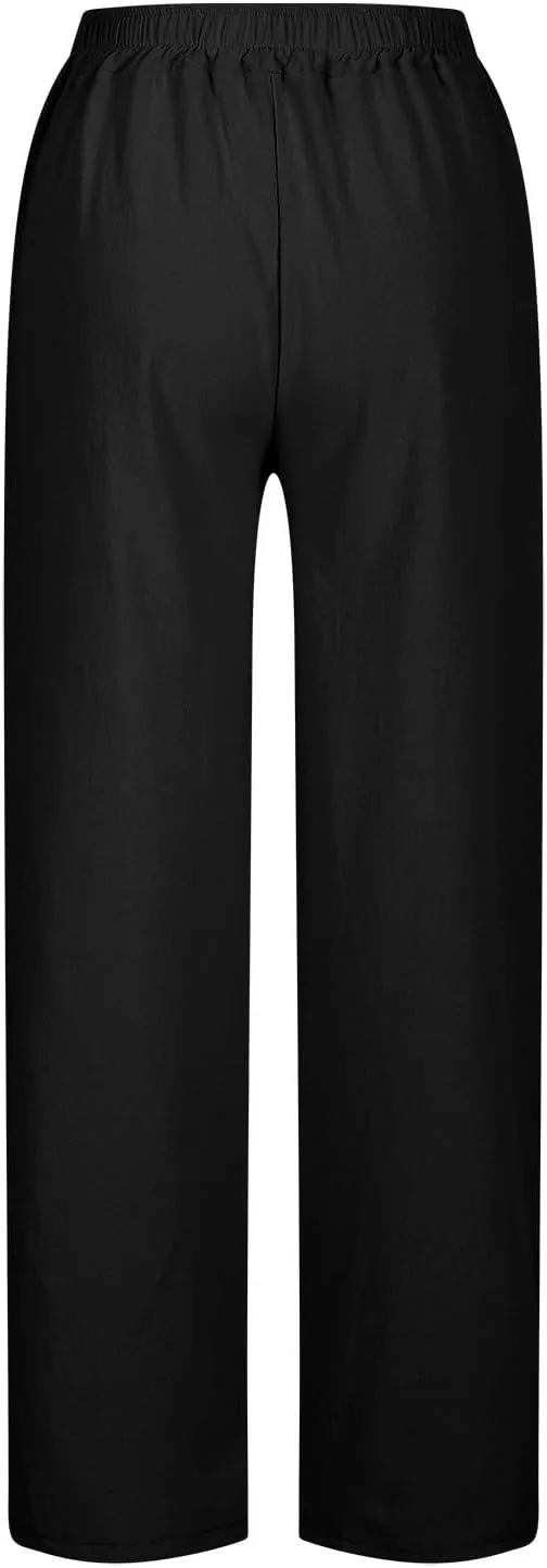 Linen Pants Women Summer High Waist Wide Leg Side Slit Trousers Casual Loose Fit Drawstring Waist Beach Palazzo