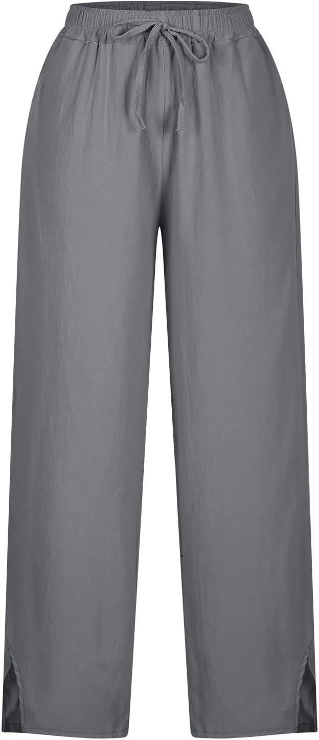 Linen Pants Women Summer High Waist Wide Leg Side Slit Trousers Casual Loose Fit Drawstring Waist Beach Palazzo