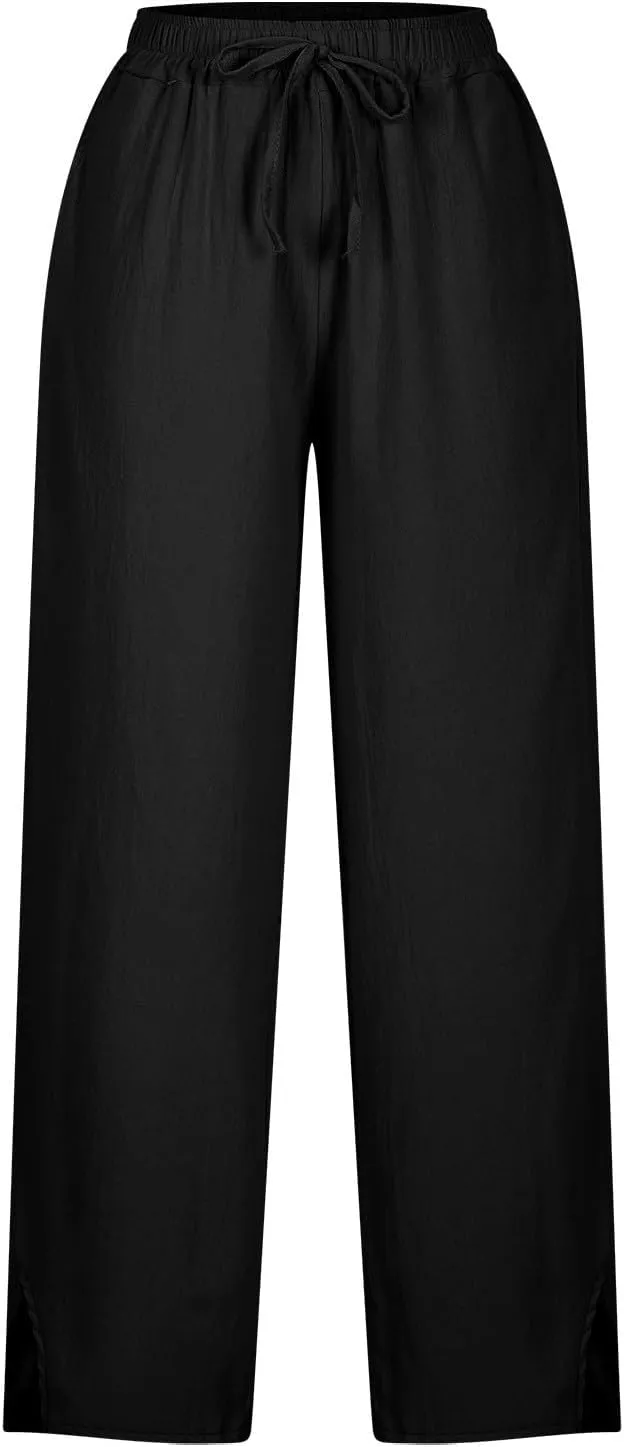 Linen Pants Women Summer High Waist Wide Leg Side Slit Trousers Casual Loose Fit Drawstring Waist Beach Palazzo