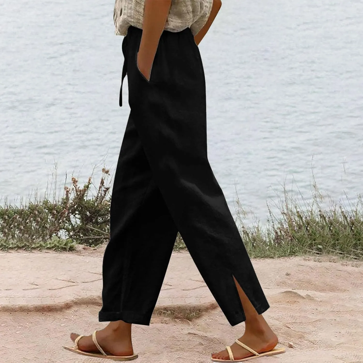 Linen Pants Women Summer High Waist Wide Leg Side Slit Trousers Casual Loose Fit Drawstring Waist Beach Palazzo