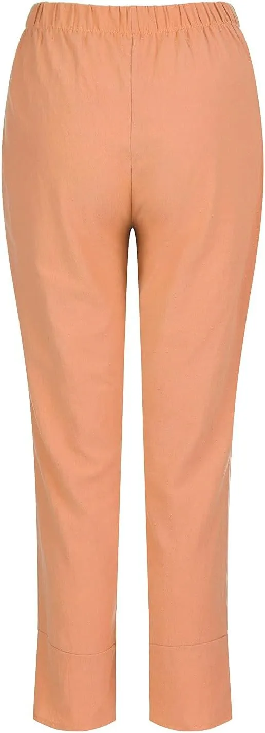 Linen Pants Women Summer Loose Fit Beach Palazzo Casual Plain Wide Leg Trousers Elastic Waist Beach Lounge Pants